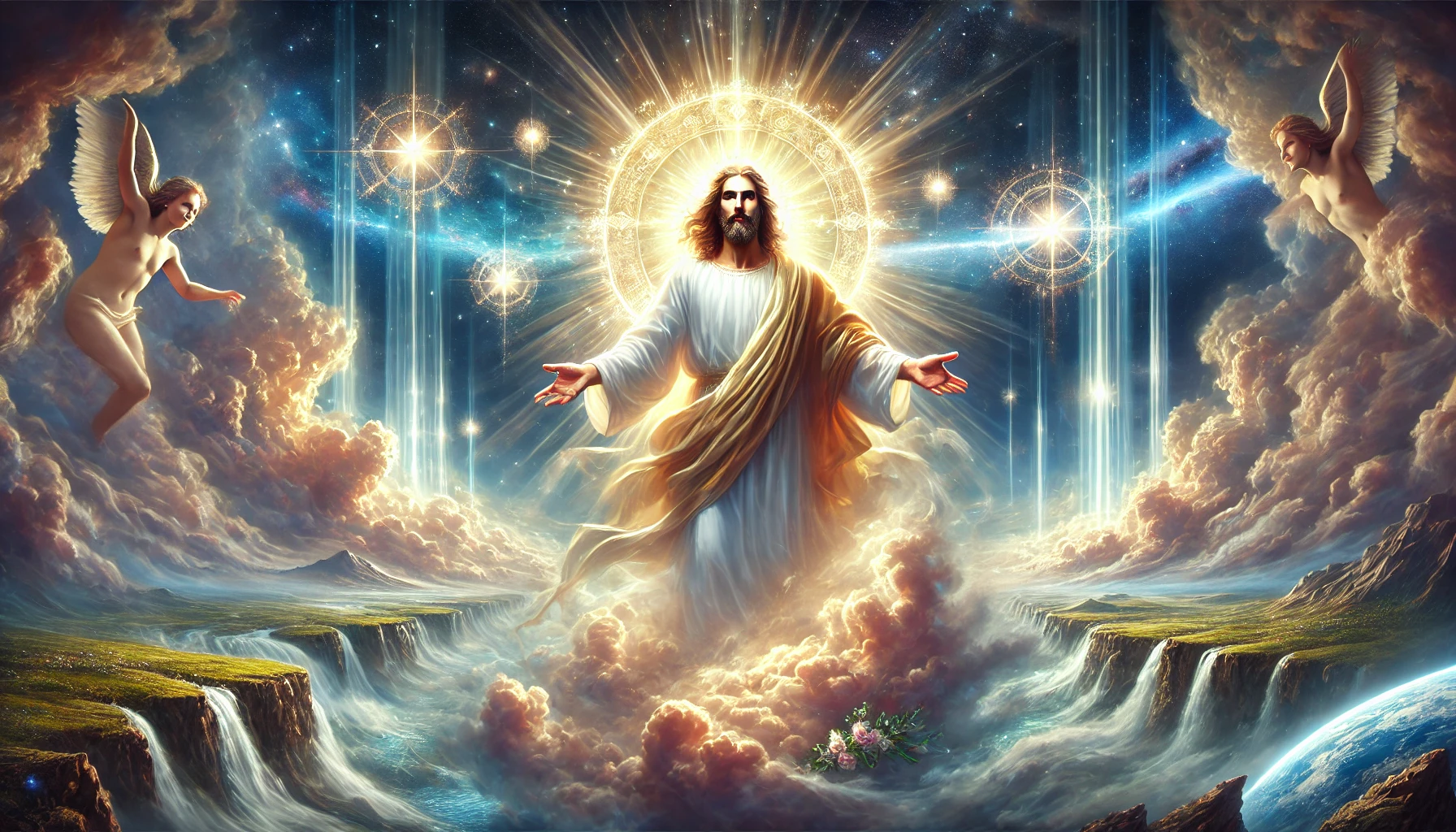 A dramatic, heavenly vision scene depicting the glorified Christ, surrounded by a glowing aura. The background includes a majestic sky with beams of light.